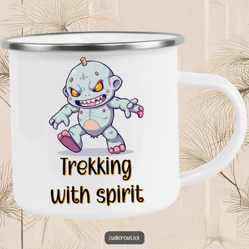 Funny determined golem character trying to skip with heavy feet, this funny camping mug is a gift for hikers.