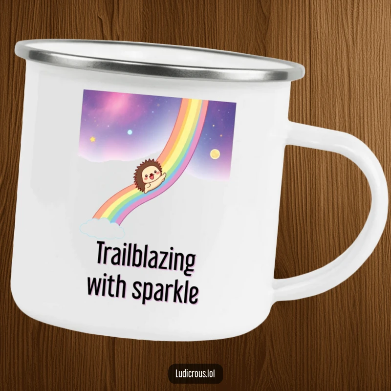 Funny camping mug depicting a hedgehog gleefully sliding down a rainbow across a starry, cosmic landscape, for outdoor lovers.