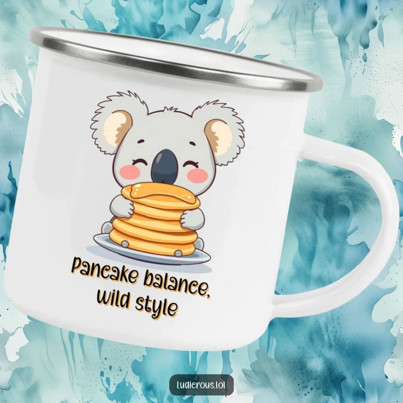 Funny koala enamel camping mug, beaming while balancing pancakes on its nose, for hilarious outdoor sipping.