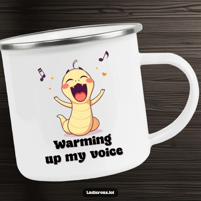 Funny camping mug graphic of a worm singing opera loudly with a comical, exaggerated mouth in an outdoor setting.