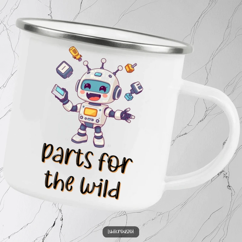Funny camping mug illustration of a cheerful robot joyfully juggling its own limbs and head, designed for outdoor fun and laughter.