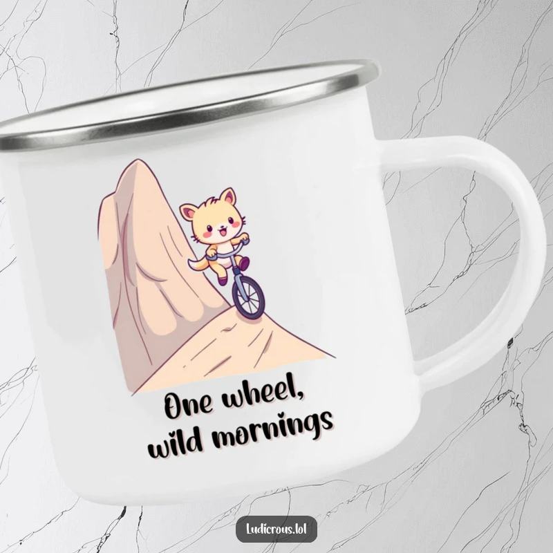Funny camping mug graphic of a playful critter comically riding a unicycle down a ridiculously steep hill, perfect for daring adventures.
