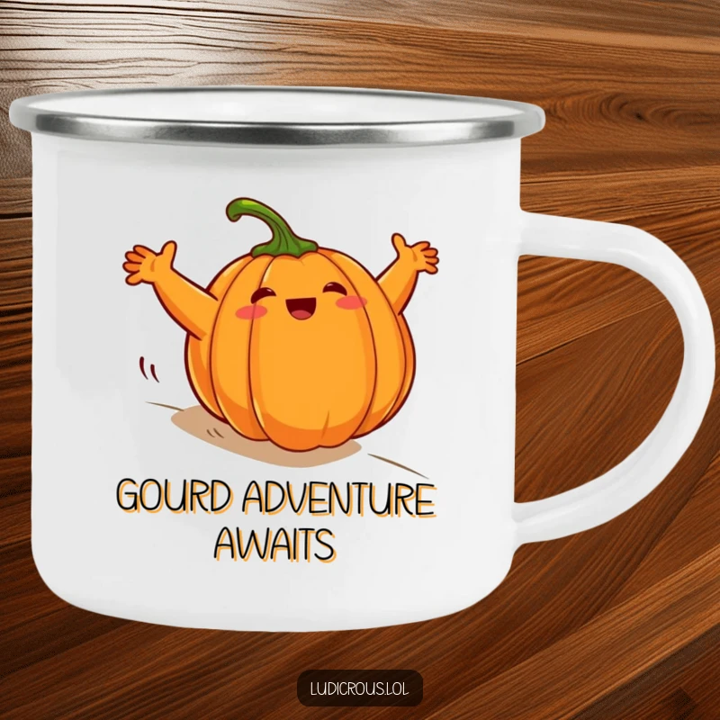 Funny plump pumpkin camping mug, comically rolling downhill with arms windmilling wildly, ready for outdoor autumn fun.