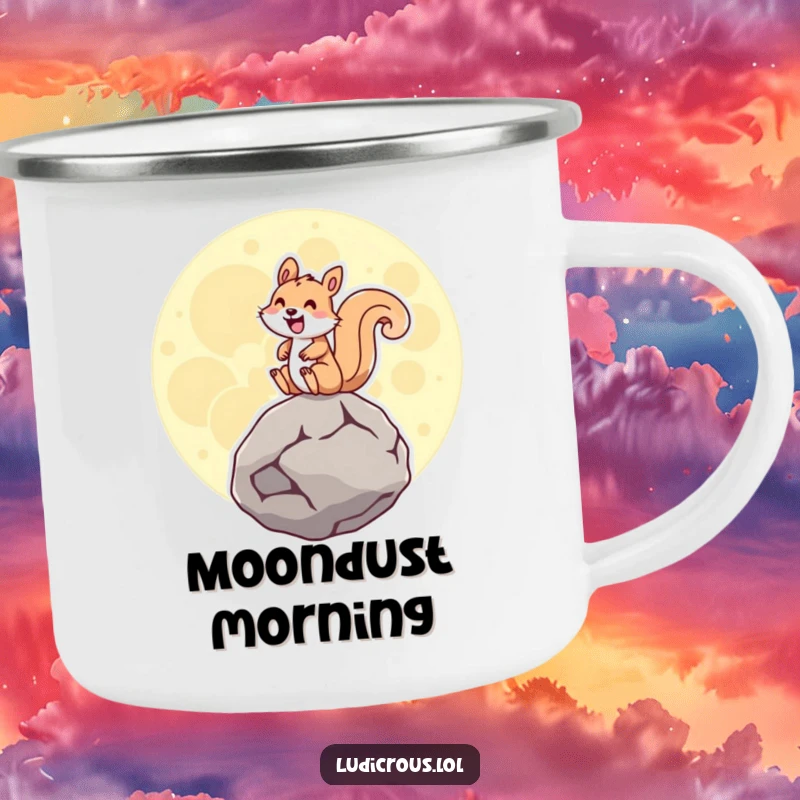 Funny squirrel joyfully riding a giant hovering moon rock, grinning widely, on a rugged camping mug.