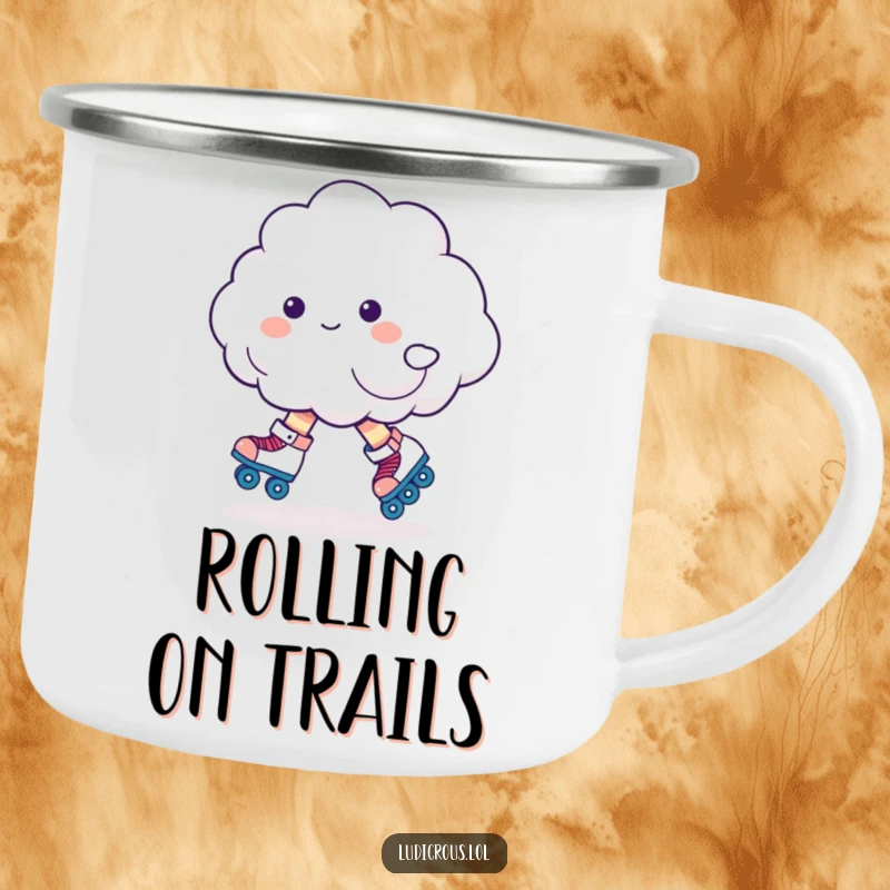Funny cloud character on roller skates, wobbling hilariously, a rugged and amusing camping mug for outdoor enthusiasts.