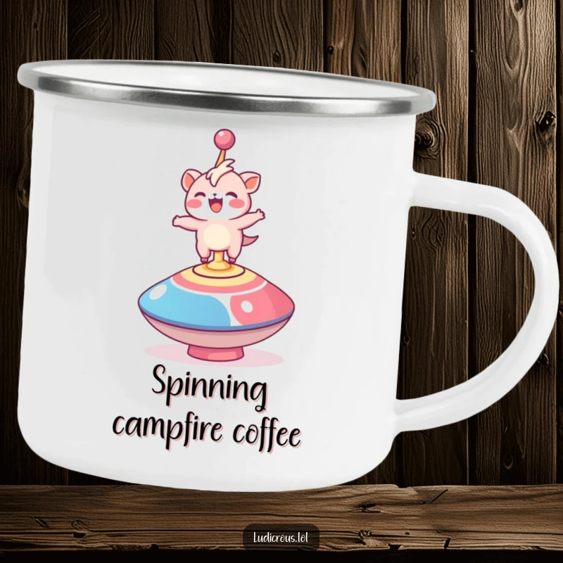 Funny camping mug graphic of a delighted creature comically balancing on a giant spinning top, perfect for campfire tales.