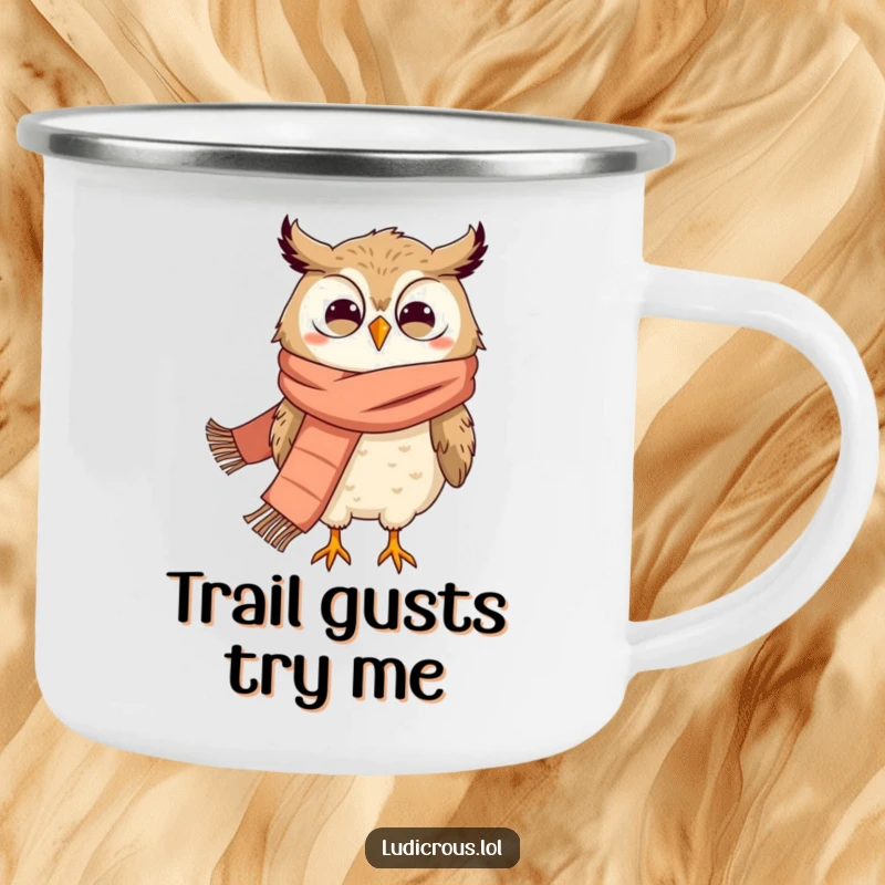 Funny camping mug of a grinning owl in a large scarf, comically being swept away by strong outdoor winds.