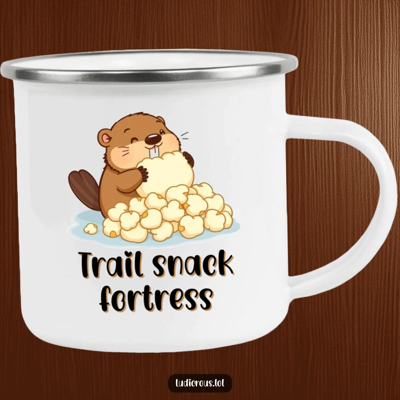 Funny camping mug featuring a determined beaver building a dam out of oversized popcorn, perfect for outdoor humor.