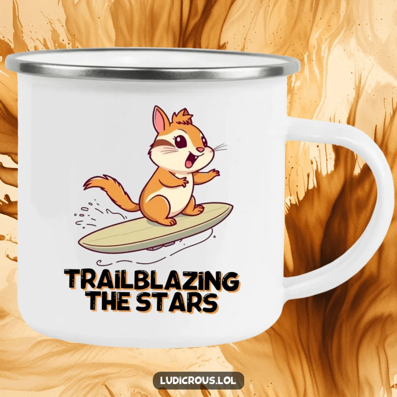 Funny camping mug featuring a chipmunk surfing a comet through space like a surfboard, ideal for humorous outdoor adventures and stargazing.