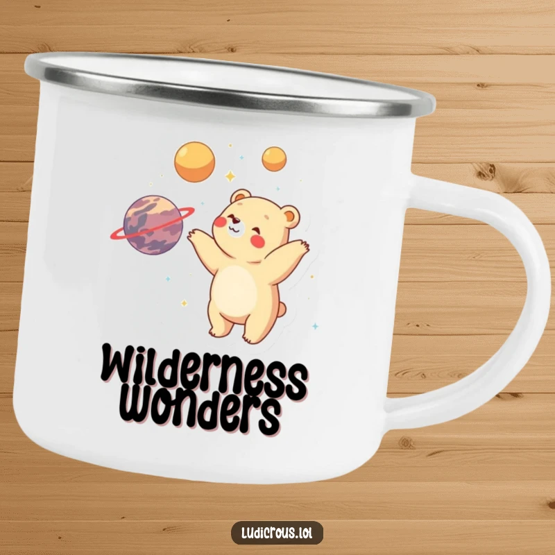 Funny bear joyfully juggling planets with visible delight and wonder, on a rugged camping mug.