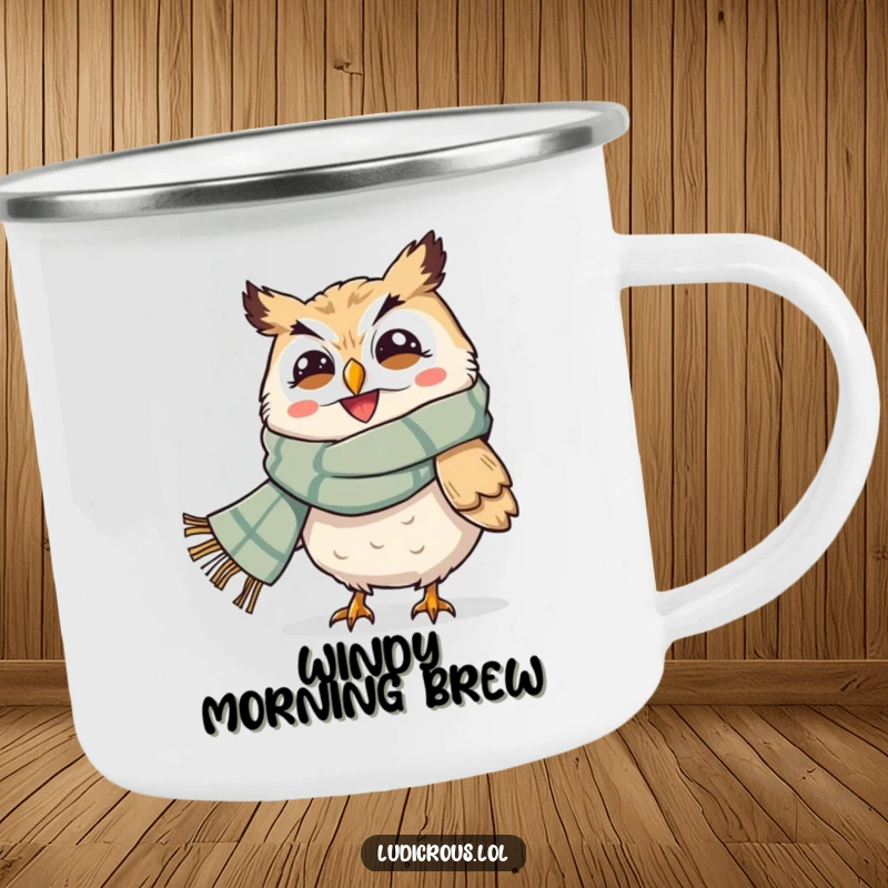Funny camping mug with a grinning owl and a giant scarf being blown by the wind, perfect for adventurous humor.