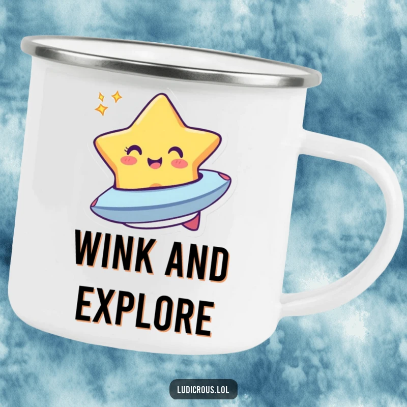 Funny camping mug featuring a cheerful star winking and morphing into a tiny spaceship, perfect for enjoying drinks outdoors.
