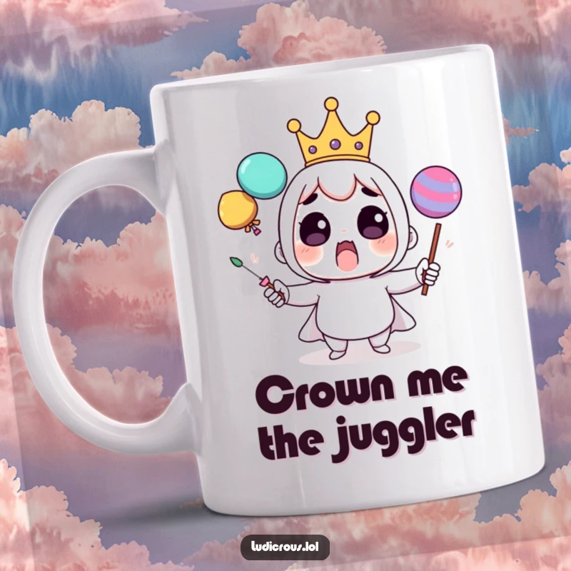 Funny mug showing a surprised character wearing a tiny crown, comically juggling large, unstable objects with a look of mild panic.