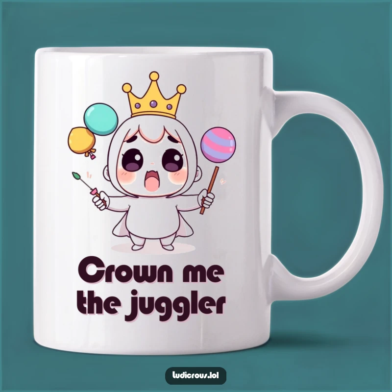 Funny Juggling Crown Mug: Surprised Character Balancing Act, Perfect Funny Gift