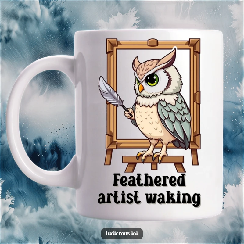 Funny mug depicting a majestic owl humorously attempting to paint a portrait using its own tail feather, a creative gift.