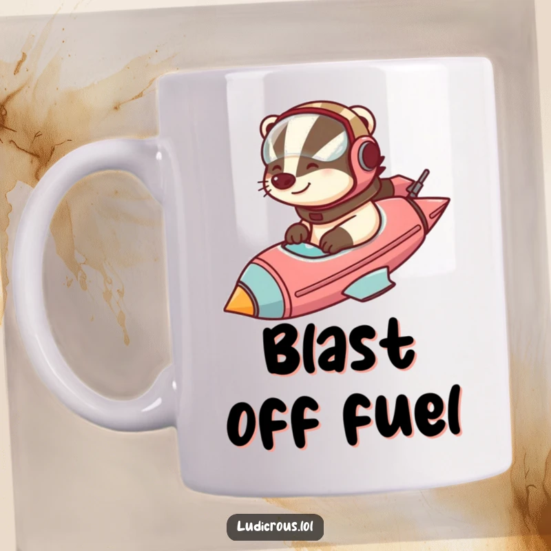 Funny badger wearing a helmet, piloting a comically large rocketship with determination and joy, featured on a mug.