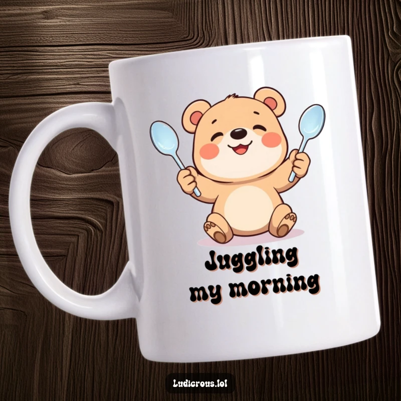 Funny mug showing a smiling bear cub struggling to juggle three bent spoons. Captures effort, humor, and adorable determination.