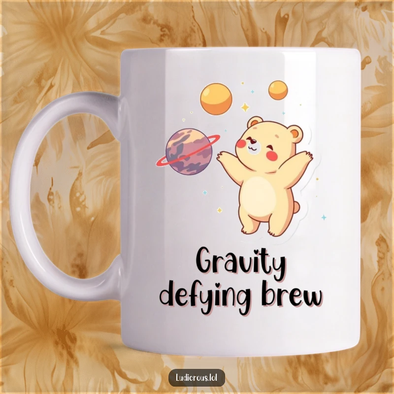 Funny bear joyfully juggling planets with visible delight and wonder, featured on a coffee mug.