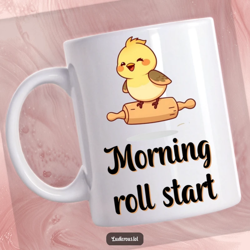 Funny Chickadee Mug, a giggling chickadee delightedly riding a runaway rolling pin, conveying pure exhilaration.