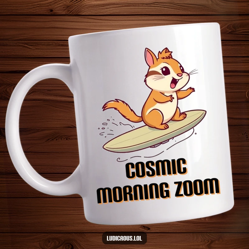 Funny mug showing a chipmunk joyfully surfing on a comet as if it were a surfboard through outer space.
