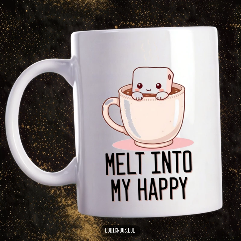 Funny mug featuring a shy marshmallow peeking out from inside a steaming mug of hot chocolate, seeking warmth and comfort.