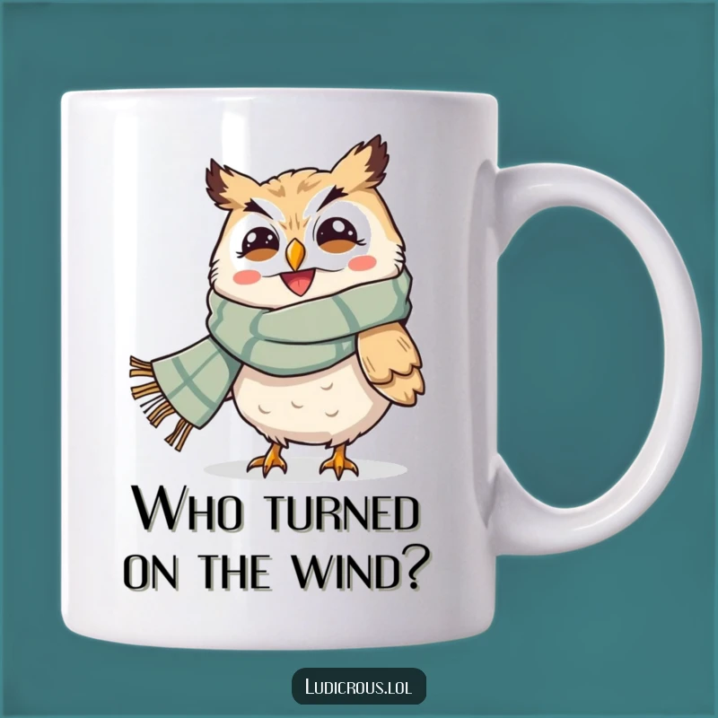 Funny Owl Windblown Mug: Hilarious Scarf Action for Owl Lovers
