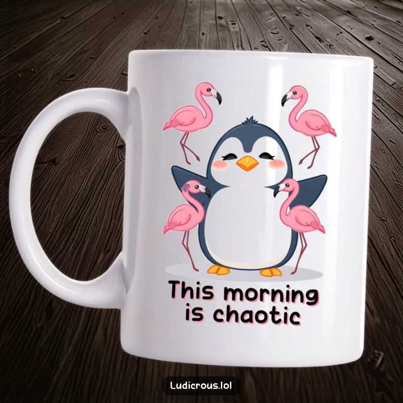 Funny mug showing a silly penguin with a confused look, attempting to juggle three pink flamingos, capturing chaotic humor.