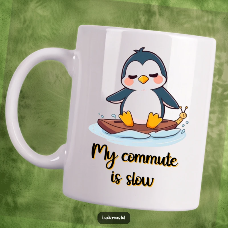 Funny Mug shows a perplexed penguin waterskiing behind a tiny, fast-moving snail, a comical slow-motion adventure.