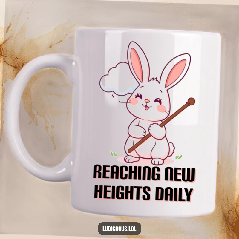 Funny mug featuring a cheerful rabbit using a long pole to pet a fluffy cloud, conveying playful absurdity and lighthearted fun.