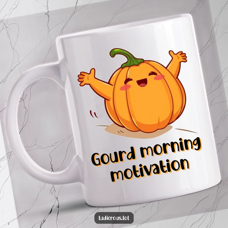 Funny plump pumpkin character mug, comically rolling downhill with arms windmilling wildly, embodying autumn chaos.