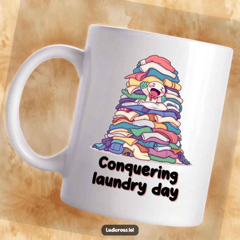 Funny mug featuring a determined sock puppet heroically attempting to climb a monumental pile of laundry, symbolizing conquering tasks.