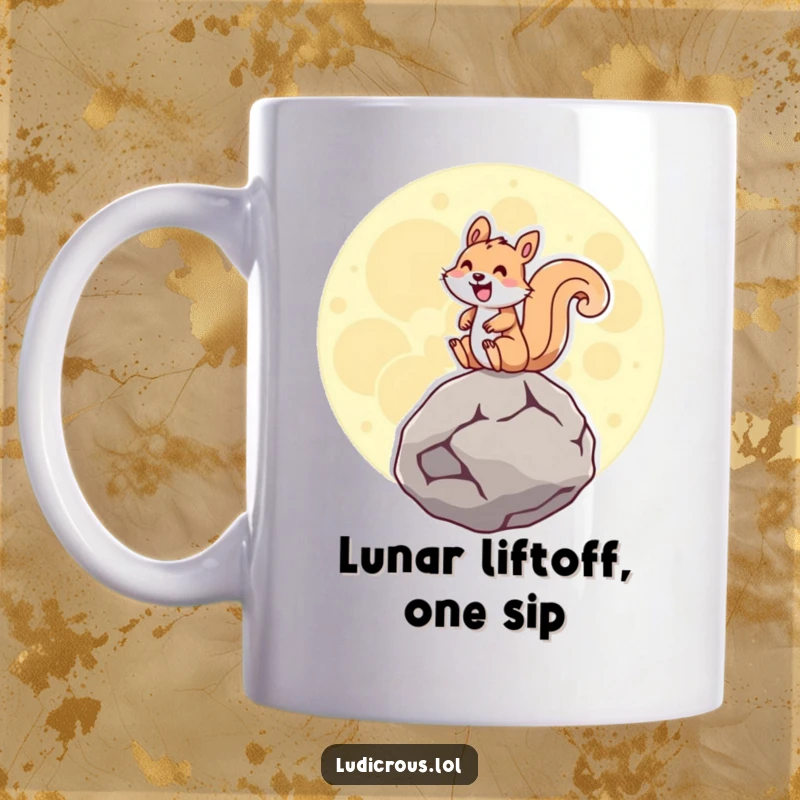 Funny squirrel gleefully riding a giant hovering moon rock with a huge grin, perfect for a space lover's mug.