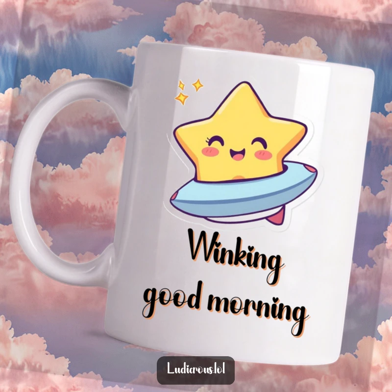 Funny mug showing a cheerful star winking and morphing into a tiny, adorable spaceship, a delightful celestial transformation.