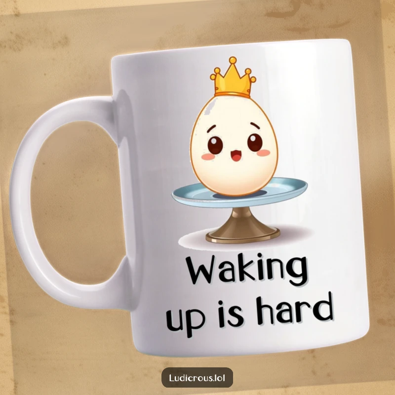 Funny mug featuring a surprised egg with a tiny crown wobbling precariously on a spinning plate, a humorous breakfast delight.
