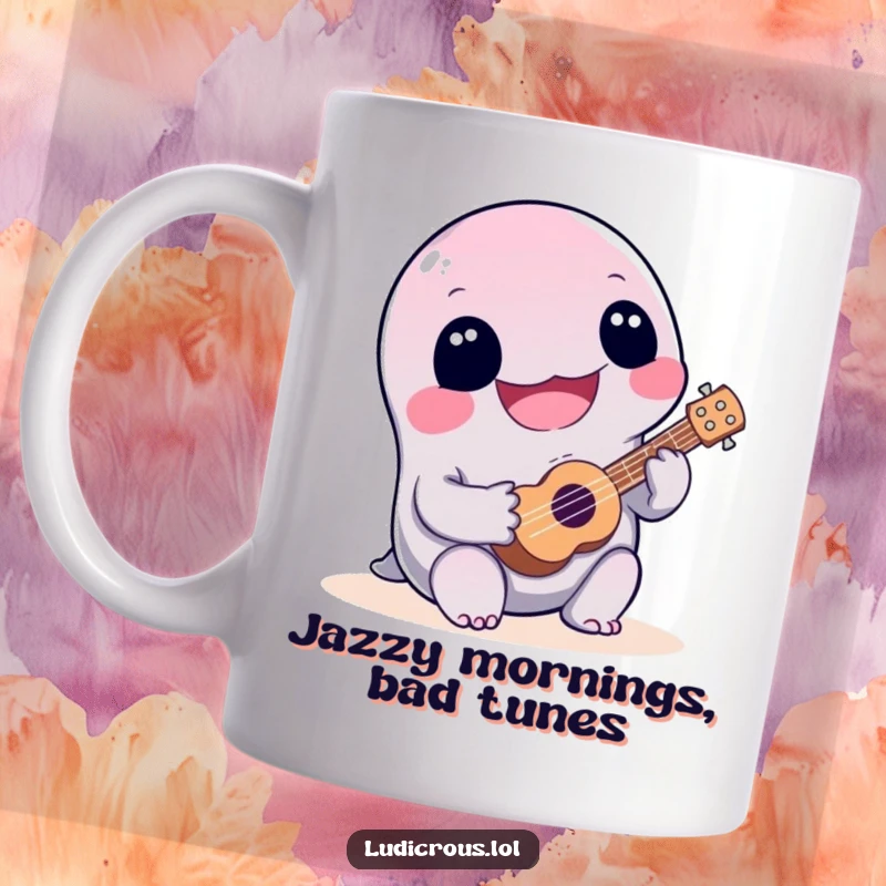 Funny, joyful green slime creature happily playing a tiny ukulele very poorly, a humorous and endearing scene for a mug.