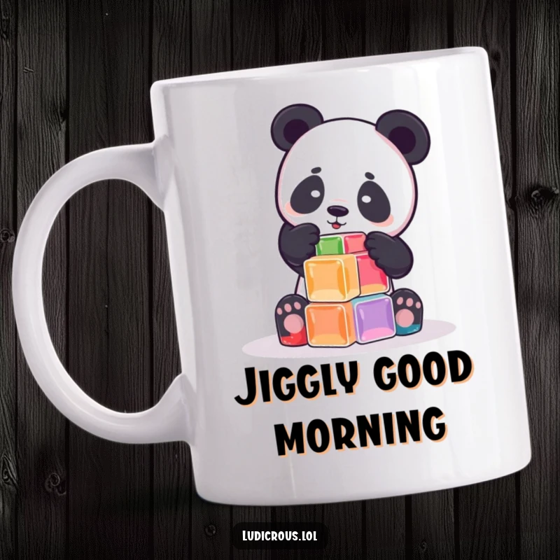Funny playful panda attempts to build a tower out of wobbly Jell-O cubes on a mug, expressing wobbly fun and determination.