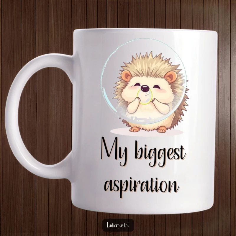 Funny hedgehog mug showing a cute, fluffy animal struggling comically to blow a bubble bigger than itself, full of effort and humor.