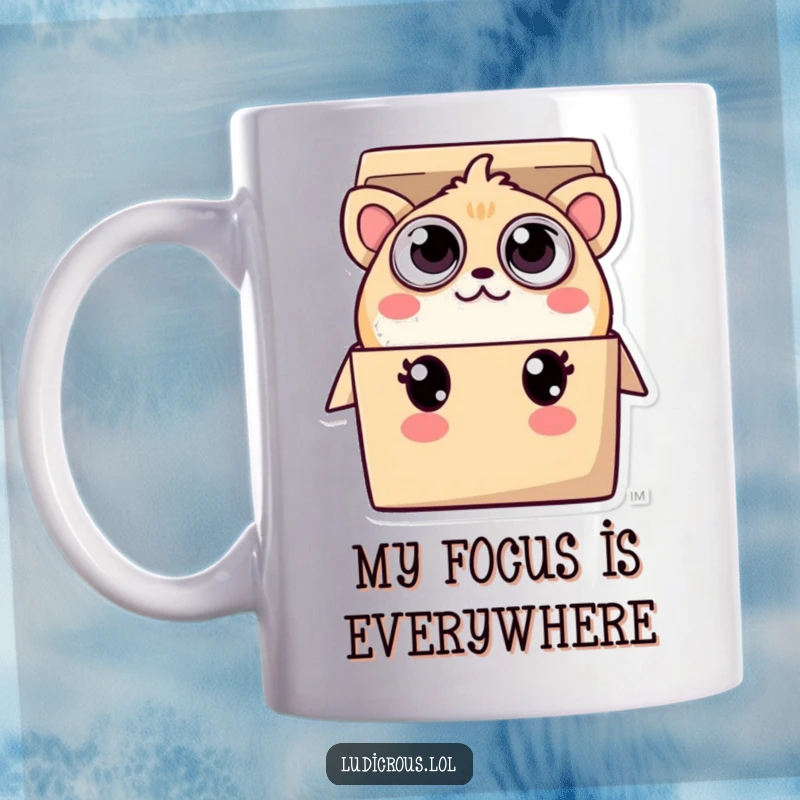 Funny mug illustrating a cute, multi-eyed creature peeking its head and limbs out of a small, overflowing box with a playful expression.