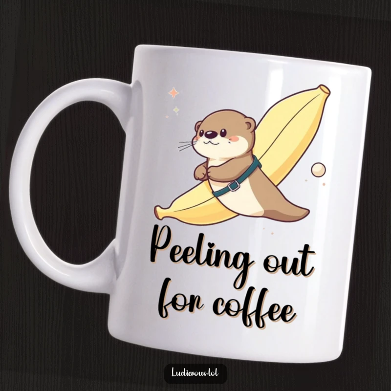Funny mug depicting an otter strapped to a giant banana, humorously flying through outer space.