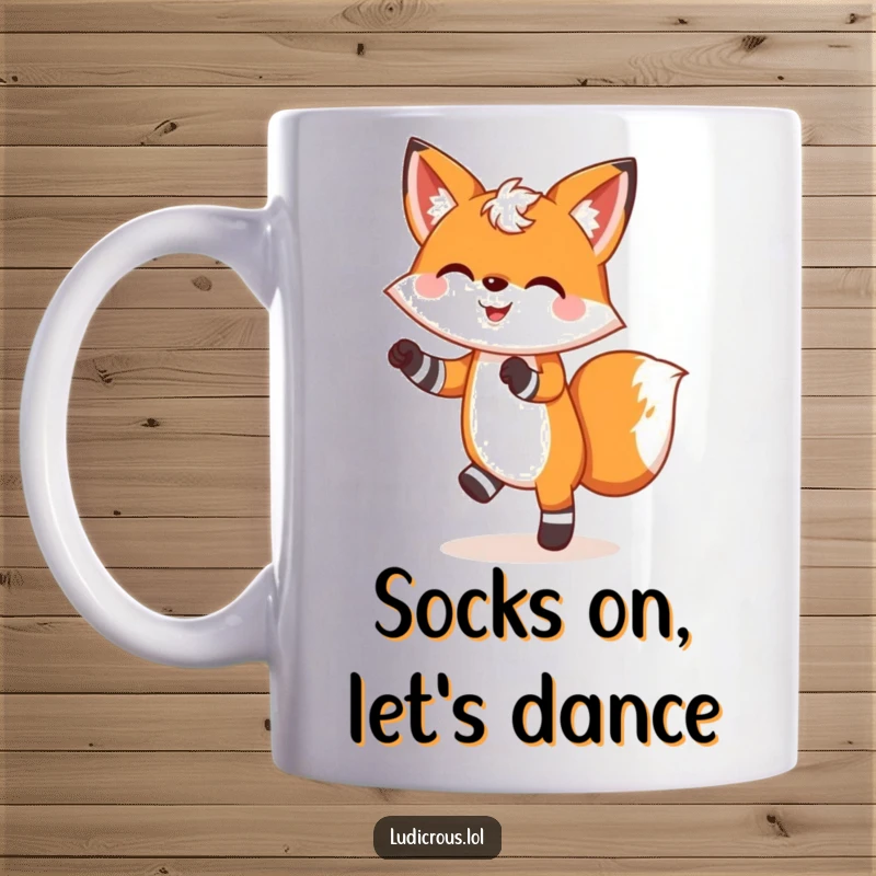 Funny mug with a cheerful fox wearing mismatched socks, joyfully performing a silly dance, bringing laughter.