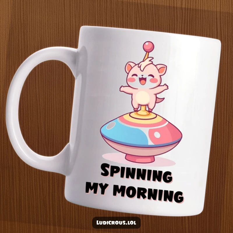 Funny mug showing a delighted creature comically trying to maintain balance on a large, rapidly spinning top.