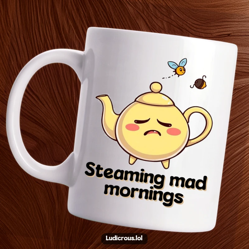 Funny nervous teapot mug, whistling steam aggressively at an annoying fly, depicting a moment of comical frustration.