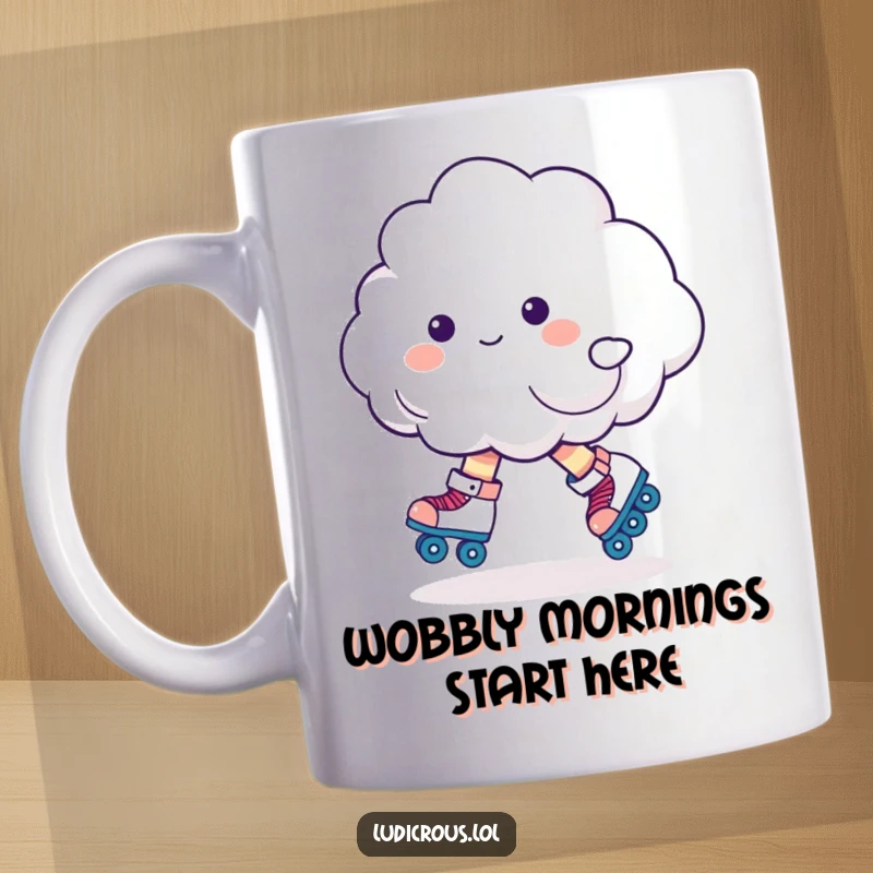 Funny fluffy white cloud wearing roller skates, wobbling with cartoonish instability, a humorous depiction of brave attempts.