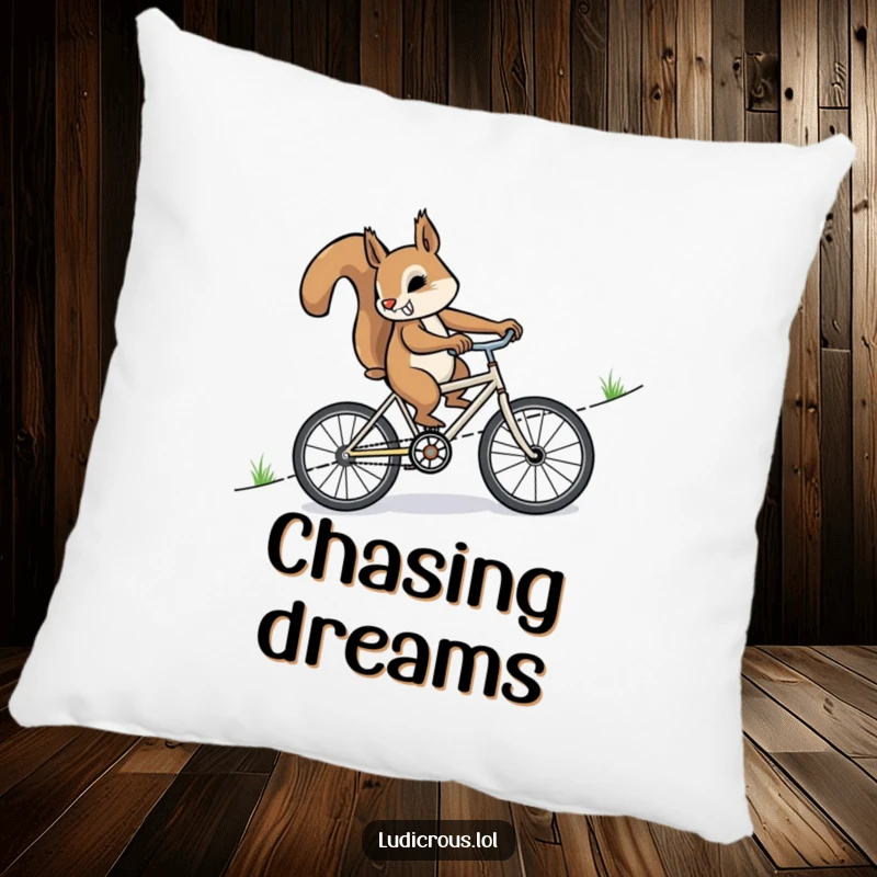 Funny determined squirrel furiously pedaling a miniature bicycle uphill, depicted as a plush and decorative pillow for humorous comfort.