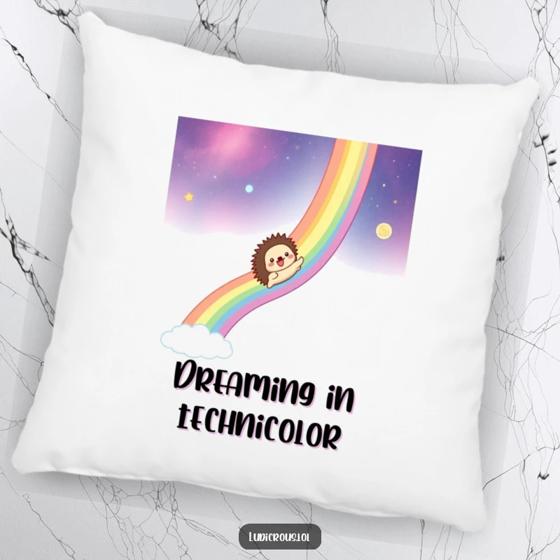 Funny pillow design showcasing a hedgehog gleefully sliding down a rainbow that stretches across a beautiful, star-filled cosmic scene.