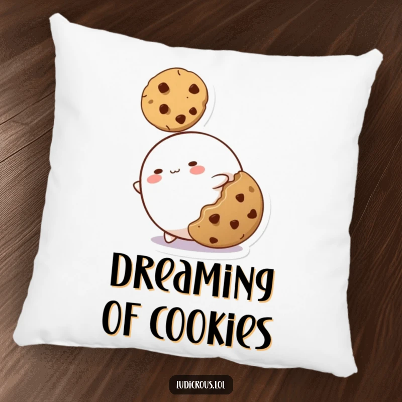 Funny pillow featuring a comical blob character's elongated stretch towards a delicious cookie, a soft touch of humor.