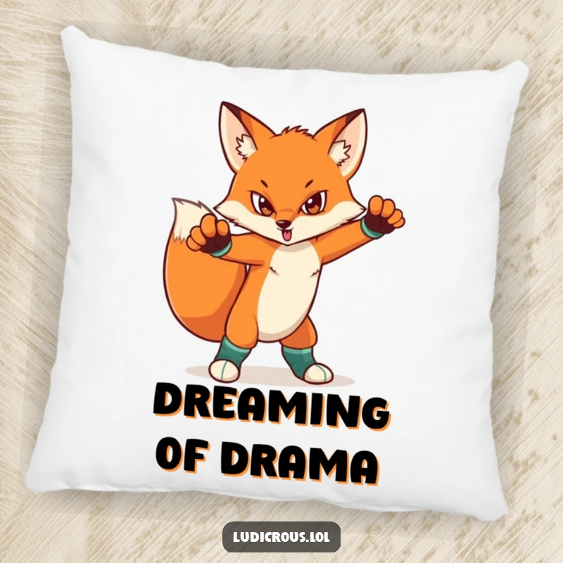 Funny pillow featuring a determined fox in a dramatic stance, wearing mismatched socks. Soft, comfortable, and humorously stylish.