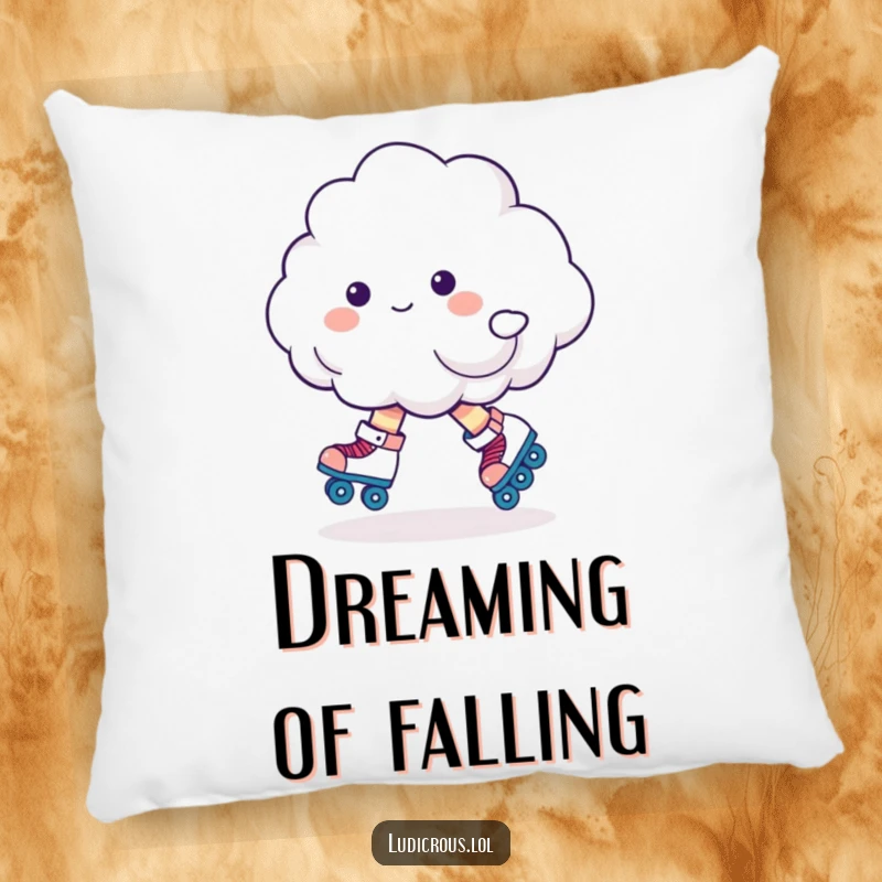 Funny fluffy cloud character wearing roller skates and wobbling precariously, a soft and humorous accent pillow.