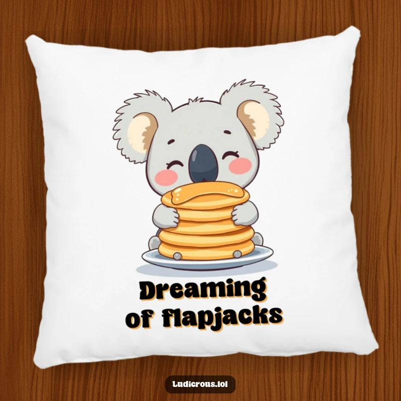 Funny koala pillow with a smiling face, balancing a stack of pancakes on its nose, providing humorous comfort and decor.