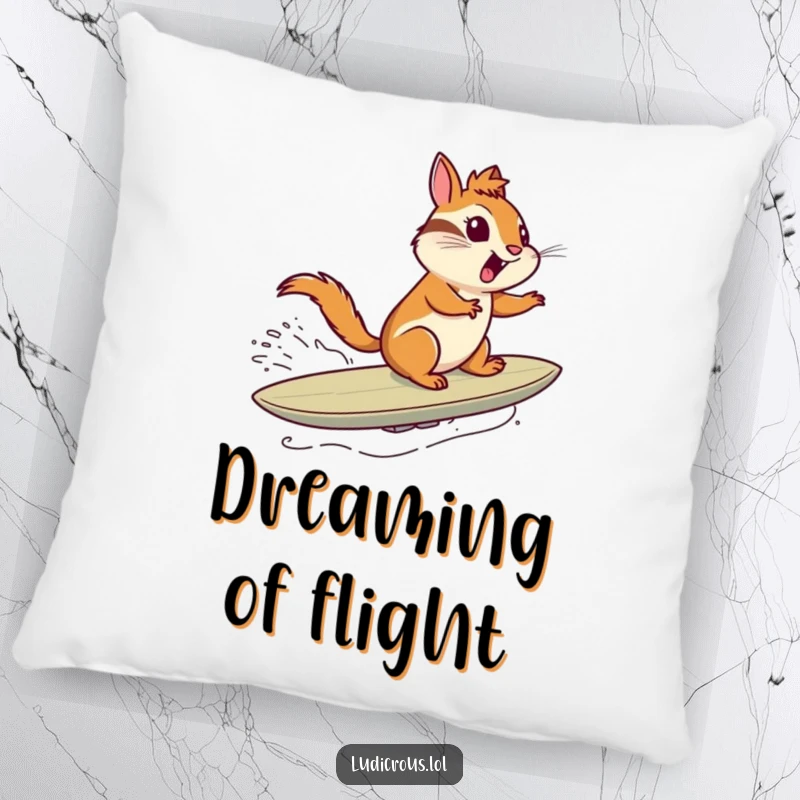 Funny decorative pillow featuring a chipmunk surfing a comet like a surfboard through space, a humorous and comfortable accent piece.